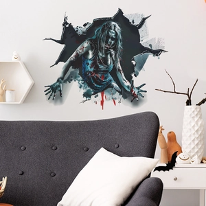 3D Halloween wall sticker showing a creepy female ghost breaking through white wall decor