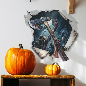 3D Halloween wall decal featuring zombies with axes breaking through a white wall decor