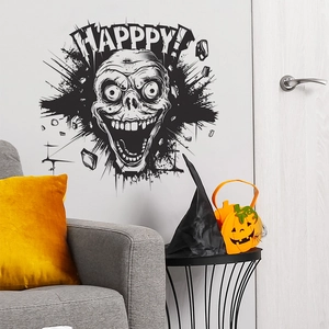 Halloween wall sticker showing a realistic zombie face with Happy text on a home living wall