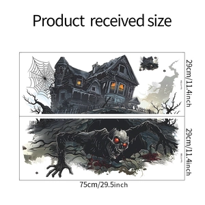 Detailed size dimensions for Halloween wall decals featuring a spooky castle and skull