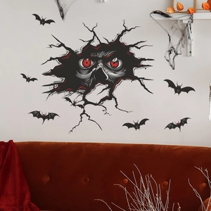 Halloween wall sticker with giant red-eyed monster crack and black bats on white wall decor