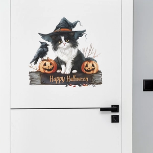 Adesivo murale Happy Halloween con gatto nero con cappello da strega e zucche