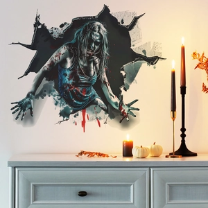 Halloween scary female zombie breaking through wall 3D sticker for bedroom festive decor