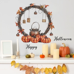 Halloween pumpkin wreath wall sticker with Happy Halloween text for living room decor