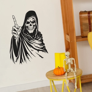 Sticker mural faucheuse d'Halloween noire avec crâne à capuche en décor de salon