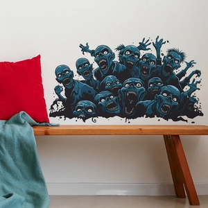 Macro detail of scary zombie wall sticker on white wall for Halloween home decor