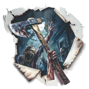 3D Halloween wall decal featuring a zombie hand with a bloody axe breaking through the wall