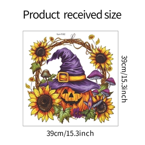 Detail view of 39cm Halloween pumpkin sunflower sticker with dimensions and witch hat art