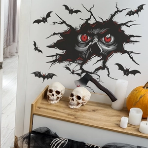 Spooky Halloween wall decal featuring a red-eyed monster peeking through a broken wall