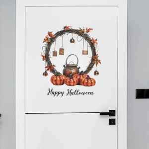 Halloween pumpkin wreath door sticker with maple leaves and Happy Halloween text decor