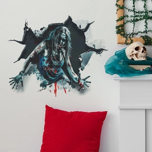 3D Halloween wall sticker featuring a terrifying zombie woman breaking through a white wall