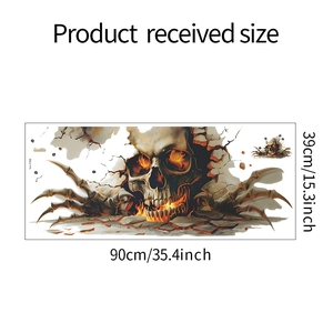Close-up of flaming skull wall sticker layout with precise dimensions 39cm x 90cm