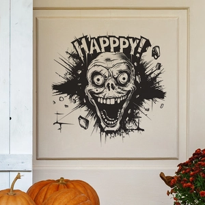 Halloween zombie skull wall sticker with Happy text for festive home window decoration