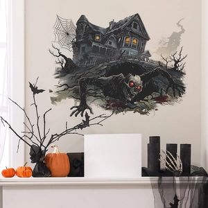 Halloween 3D Ghost House Wall Sticker PVC Zombie Monster Floor Decal Horror Haunted Castle Spider Web Decor Living Room