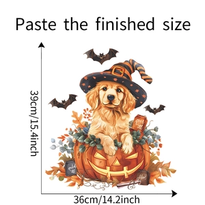 Detail showing Halloween window sticker size with a cute puppy in a pumpkin and bats