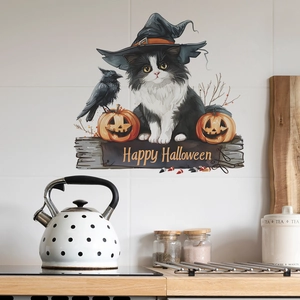 Adesivo murale Halloween con gatto in cappello da strega e zucche su muro cucina