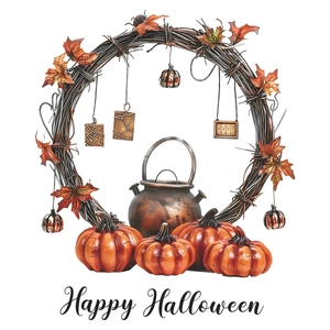 Happy Halloween decoration set with pumpkin wreath and autumn maple leaves on white base