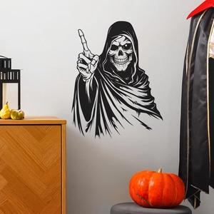 Sticker mural d'Halloween montrant une silhouette de faucheuse noire dans un décor festif