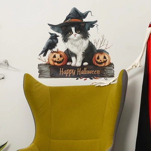 Dettaglio adesivo murale Happy Halloween con gatto dei cartoni animati e zucche
