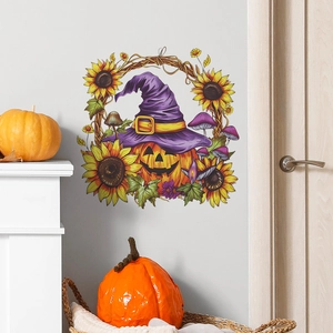 Halloween pumpkin wall sticker with sunflower and wizard hat for home wall decoration
