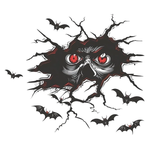 Halloween wall sticker with scary red-eyed face, black cracks and flying bats
