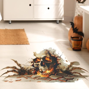 3D flaming skull wall sticker with realistic floor crack effect for Halloween home decor