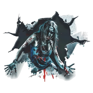 3D Halloween wall decal featuring a scary zombie girl breaking through a cracked wall