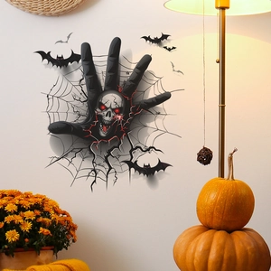 3D Halloween wall decal featuring a skeletal hand with red-eyed skull and bats decoration