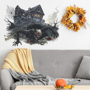Halloween wall sticker featuring haunted castle and spooky zombie reaching from wall