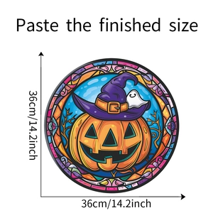 Detail showing 36cm circular Halloween stained glass style pumpkin ghost window sticker