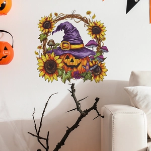 Halloween wall sticker featuring a smiling pumpkin with wizard hat and sunflowers