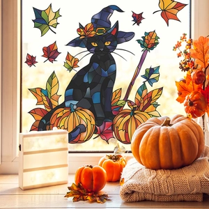 Adesivo per finestra Halloween stile vetro colorato con gatto nero, zucca e foglie