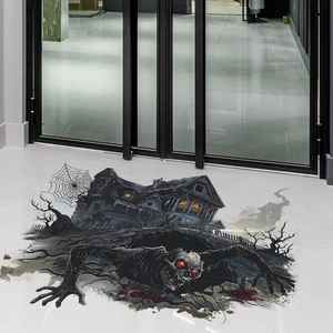 3D Halloween floor decal featuring a spooky haunted house and monsters on marble tiles