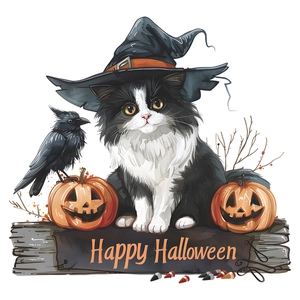 Adesivo murale di Halloween con gatto nero, cappello da strega e lanterne di zucca vivaci