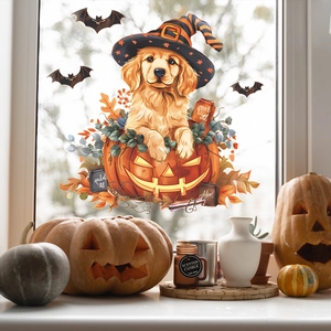 Halloween Cute Golden Retriever Puppy In Pumpkin Static Window Sticker PVC Removable Bat Maple Leaf Glass Decor For Home