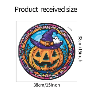 38cm round Halloween static window cling showing a pumpkin with purple wizard hat