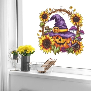 Halloween pumpkin head wall stickers with sunflower and wizard hat for home decor