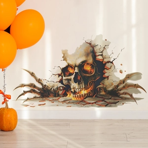 3D Halloween skull wall sticker with flaming eyes breaking through wall for home decor