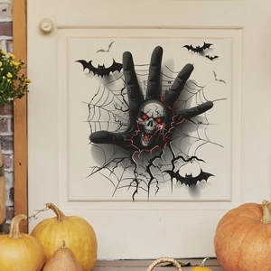 3D Halloween wall sticker featuring skeletal hand and bats on a white door panel