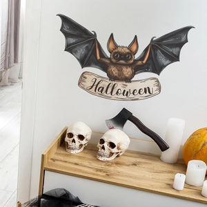 Halloween cartoon bat wall sticker with wooden texture banner and spooky festive decor