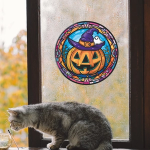 Halloween pumpkin window sticker with witch hat in colorful stained glass style design