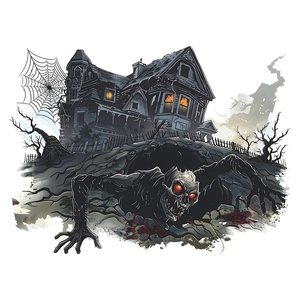 Halloween wall sticker featuring haunted castle and skeleton monster with red eyes