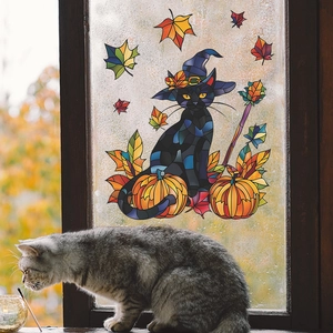Adesivi per vetri Halloween stile vetro colorato con gatto nero, zucche e foglie d'autunno