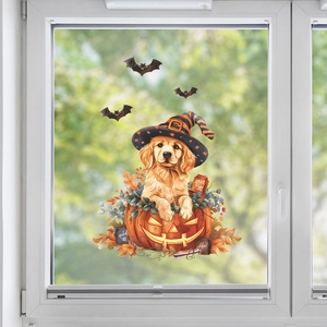 Halloween static window cling featuring a cute golden retriever puppy in a pumpkin with bats