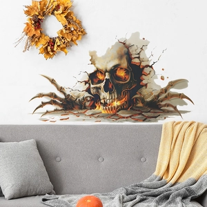 3D flaming skull wall sticker breaking through wall in living room holiday decor