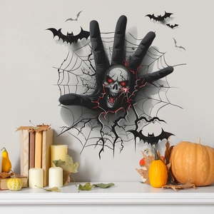 3D Halloween wall decal featuring a black monster hand, skull with red eyes and bats