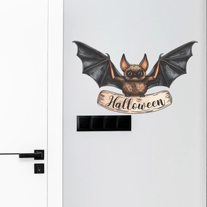 Halloween cartoon bat wall sticker with scroll on a white wall near a light switch