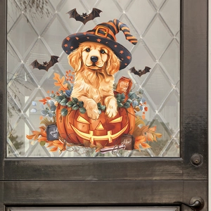 Halloween static window cling with cute dog in pumpkin, witch hat and bats on glass door