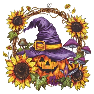 Detail of Halloween pumpkin sticker with sunflower, wizard hat and purple mushrooms