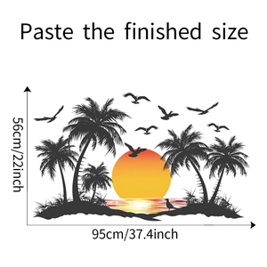 Tropical sunset wall decal featuring palm trees and birds with dimensions 95cm x 56cm